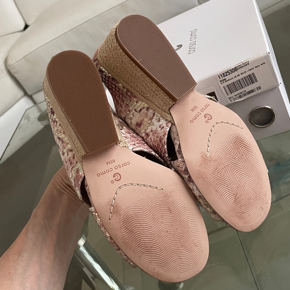NWT corso como leather platinum pink snake slip on mules espadrille heel 6.5 - Picture 9 of 16